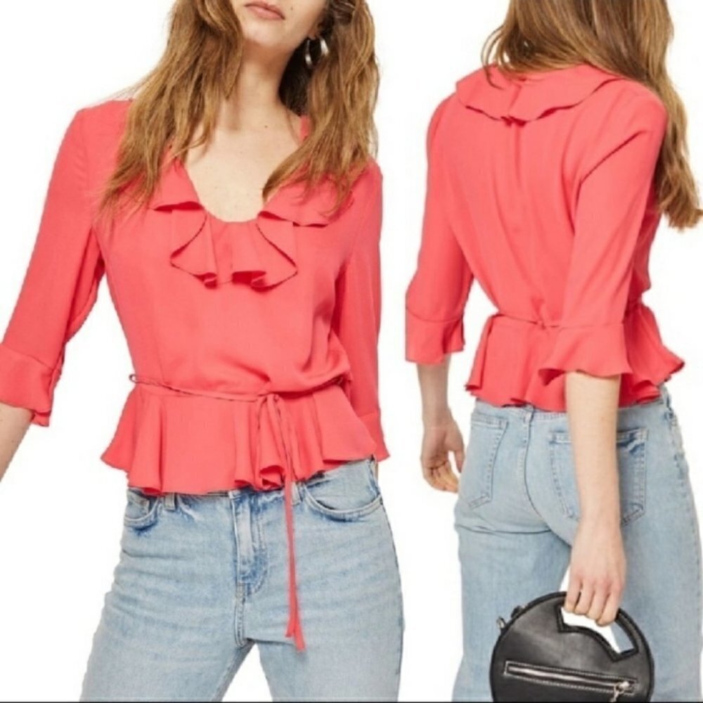 TopShop Pheobe Frilly Ruffle Blouse Top Pink Rose v6x